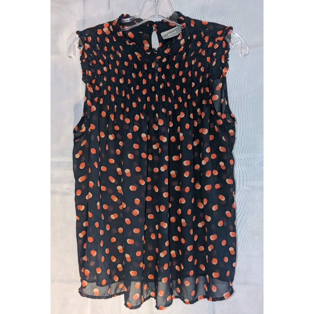 Anthropologie Maeve | Derby Polka Dot Sleeveless Sheer‎ Blouse Navy US Sz12